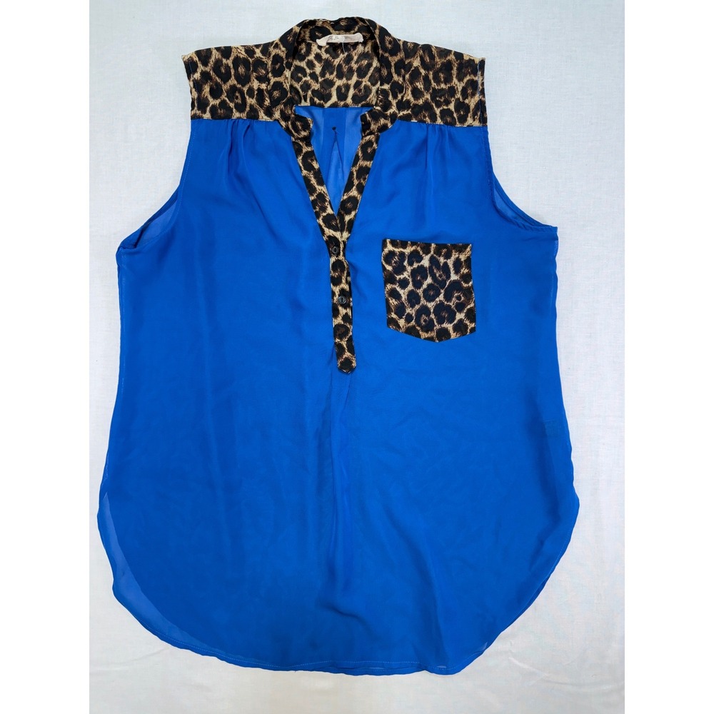 Wishful Park Royal Blue Leopard Print Chiffon Sleeveless Tunic Blouse XL